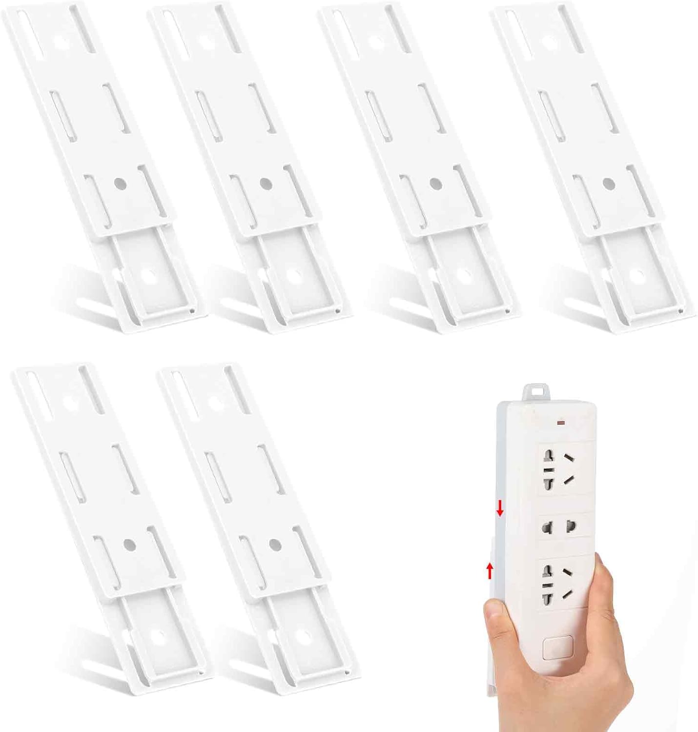 6 Pack Self Adhesive Power Strip Holder, White Adhesive Punch Free Socket Holder, Power Strip Holder, Desktop Mobile Punch Free Socket Holder for Kitchen Home Office and Cable Management