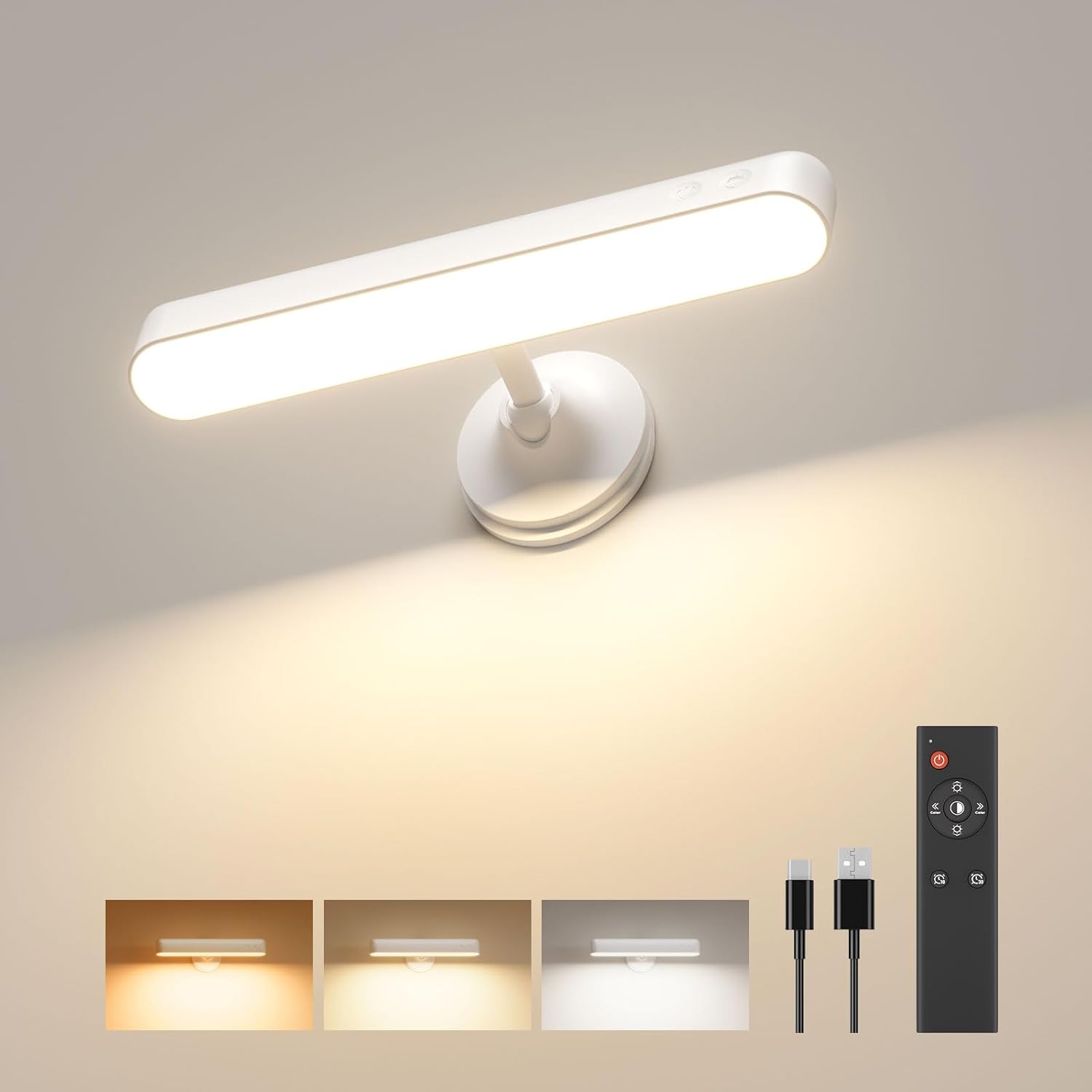 Wall Sconce with 7500mAh Rechargeable Battery LED Wall Light for Bedroom with Remote Control, 3 Colors Wireless Wall Lamp 360° Rotate Dimmable Brightness with 15 RGB Colors,White,1Pack