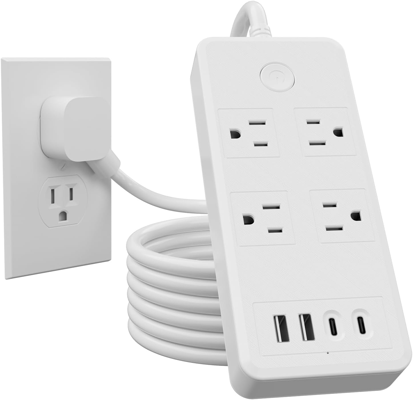 Flat Plug Surge Protector Power Strip with 5FT Extension Cord, 4 Outlets 4 USB Ports (2 USB C), Perfect for Home Office, Gaming Room, and Dorm Room Essentials, Wall Mountable, ETL Listed, White