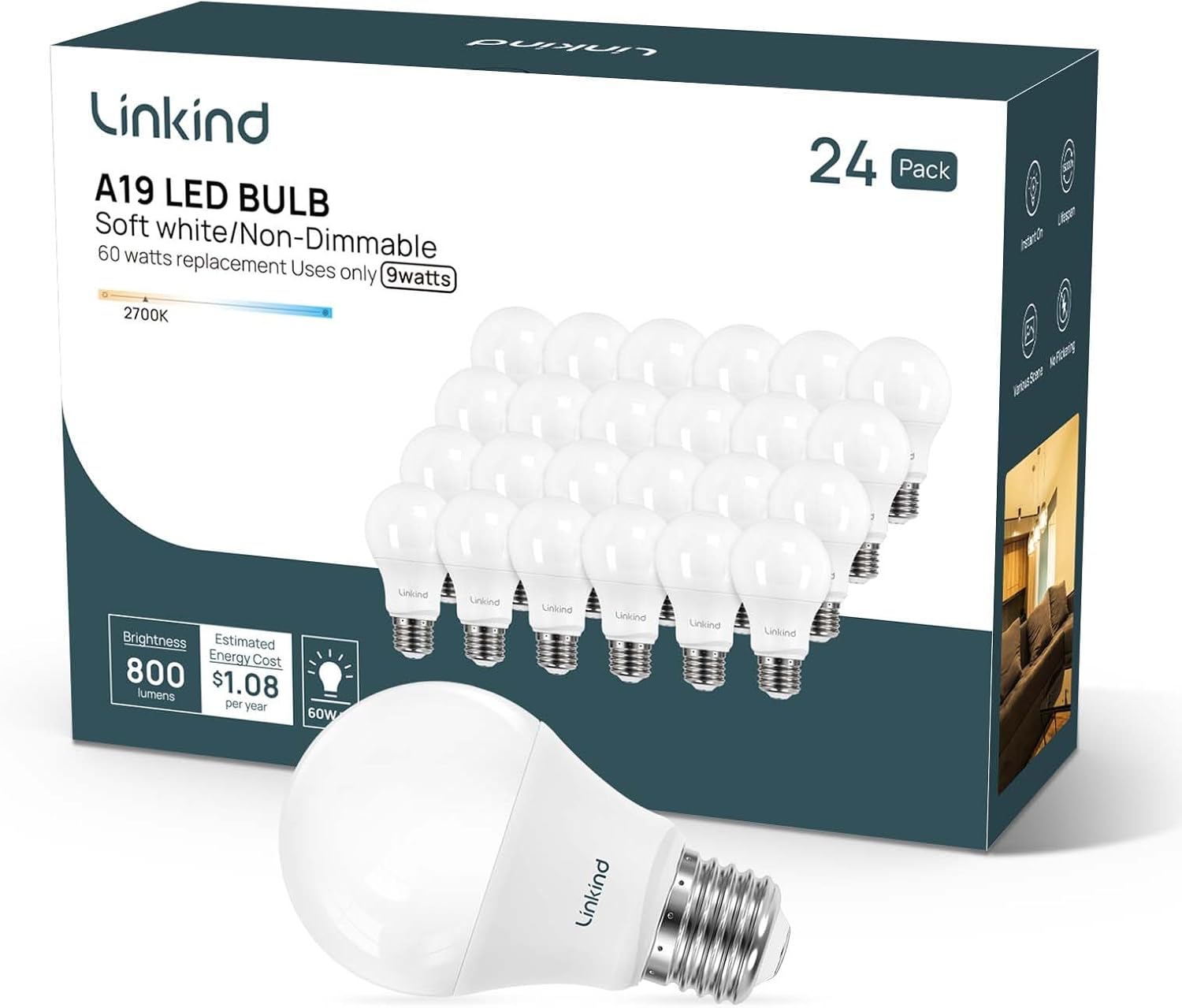 Linkind A19 LED Light Bulb, 60W Equivalent, 9W 2700K Soft White, 800 Lumens Non-Dimmable, E26 Standard Base, Energy Efficient UL Listed for Bedroom Home Office, 24 Pack