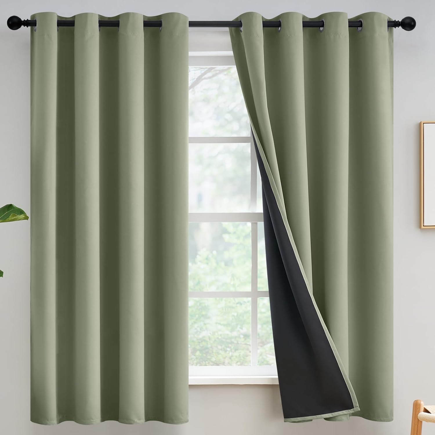 Yakamok Full Shade Curtain Panels,Thermal Insulated & Energy Efficiency Window Draperies for Guest Room, Full Blackout Curtains & Drapes for Shift Worker and Light Sleepers,W52 x L63 Inch,Light Sage