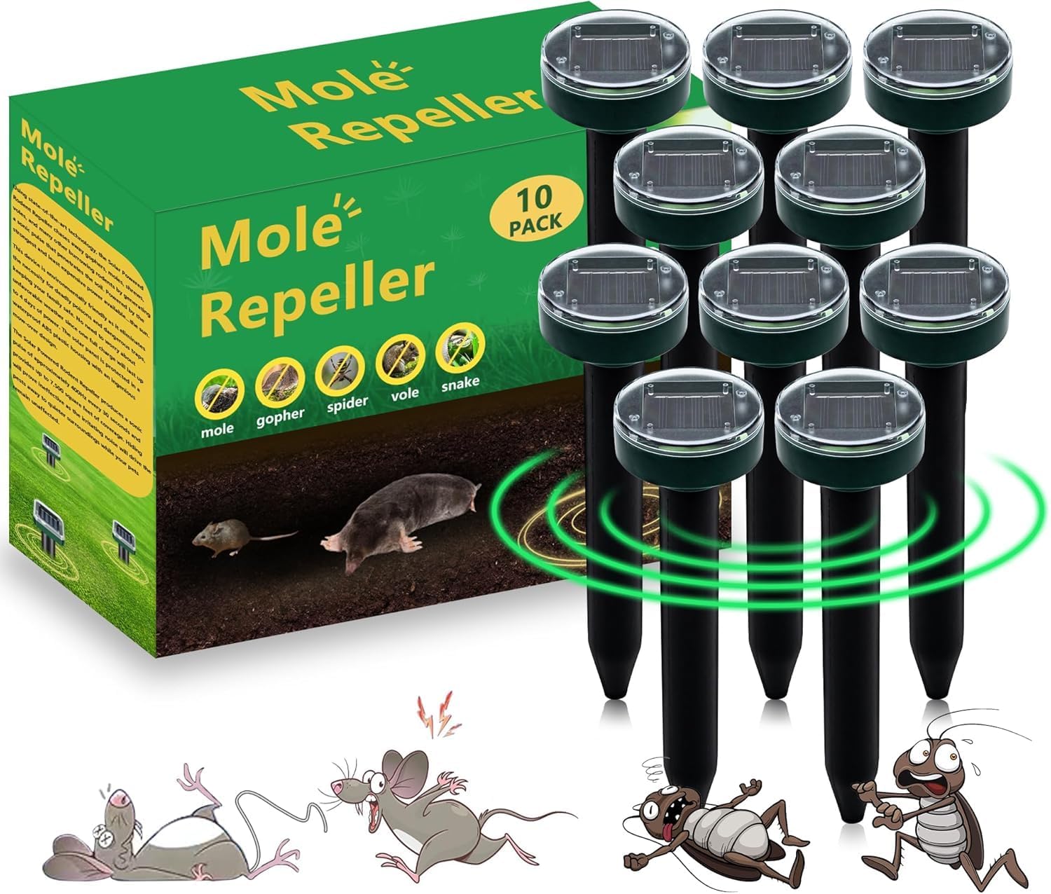 10 Pack Ultrasonic Solar Powered Mole Repellent - Waterproof Sonic Spikes Stakes for Lawns, Gardens, Yards - Effective Snake Chaser and Control for Moles, Gophers, Voles