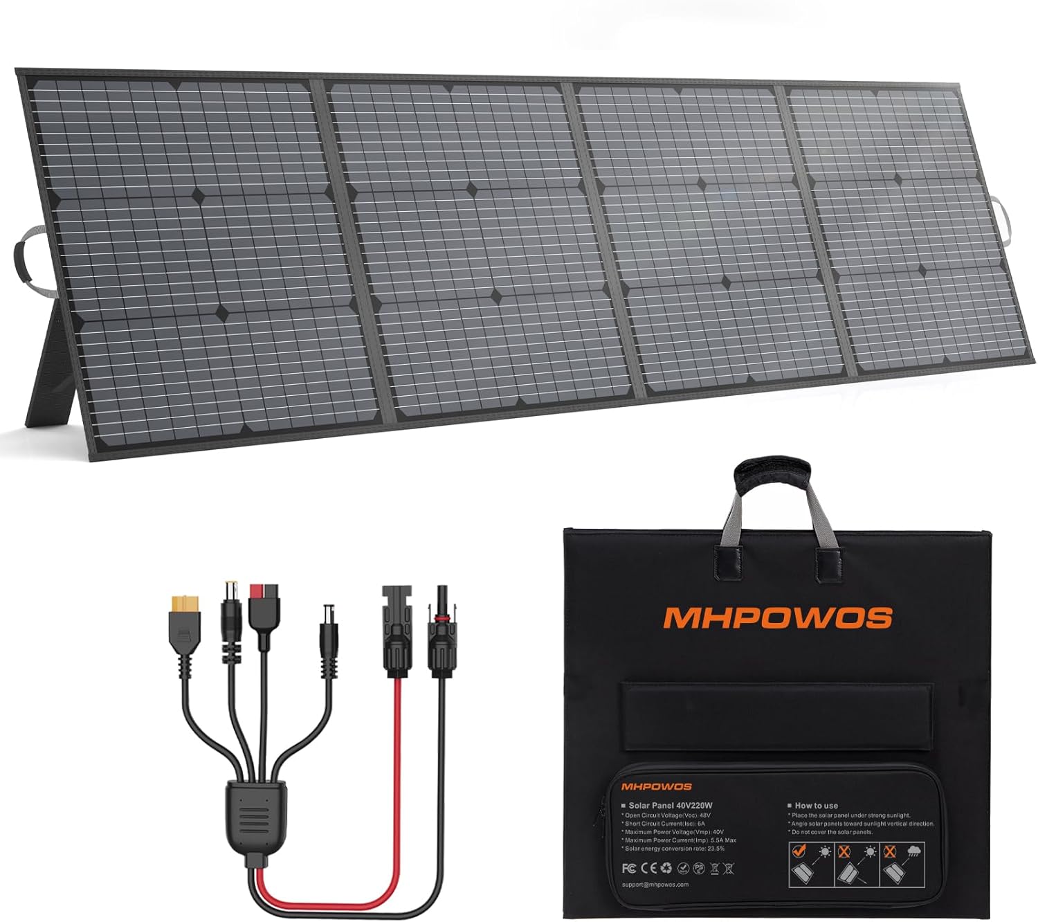 Portable Solar Panel 220W 40V Monocrystalline Foldable Solar Panels Charger Power Backup, IP67 Waterproof Durable for Power Station RV Camping Off Grid Fishing