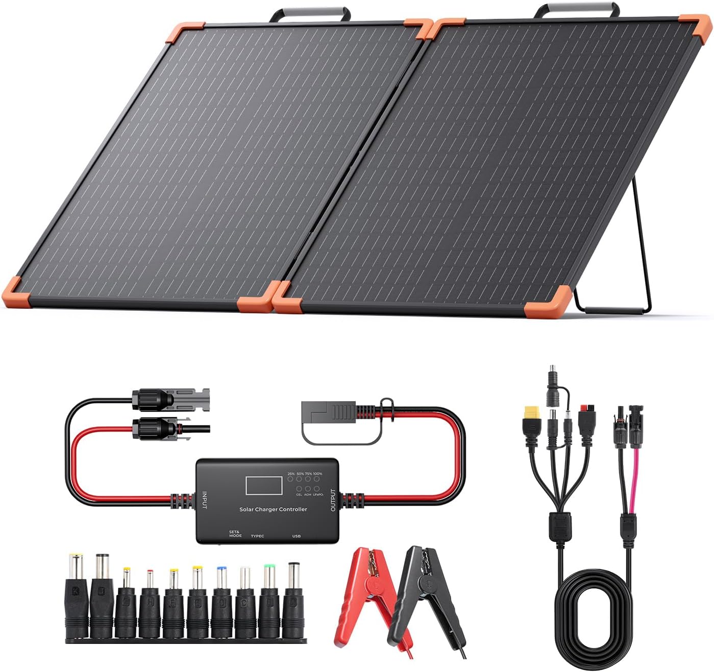 100 Watt Portable Solar Panel with 20A PWM Controller,Camping Essentials,100W Foldable Solar Panel Kit for Power Station & 12V Batteries,23.5% High Efficiency IP68 Waterproof for RV Camping
