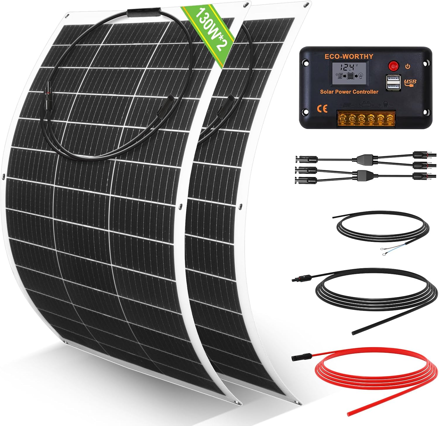 ECO-WORTHY 260Watt 12Volt Flexible Solar Panel Kit for Off Grid Home RV, Boat and Uneven Surfaces:2pcs 130W Mono Solar Panel + 30A 12V Charger Controller + Solar Cable + Tray Cable + Y Branch