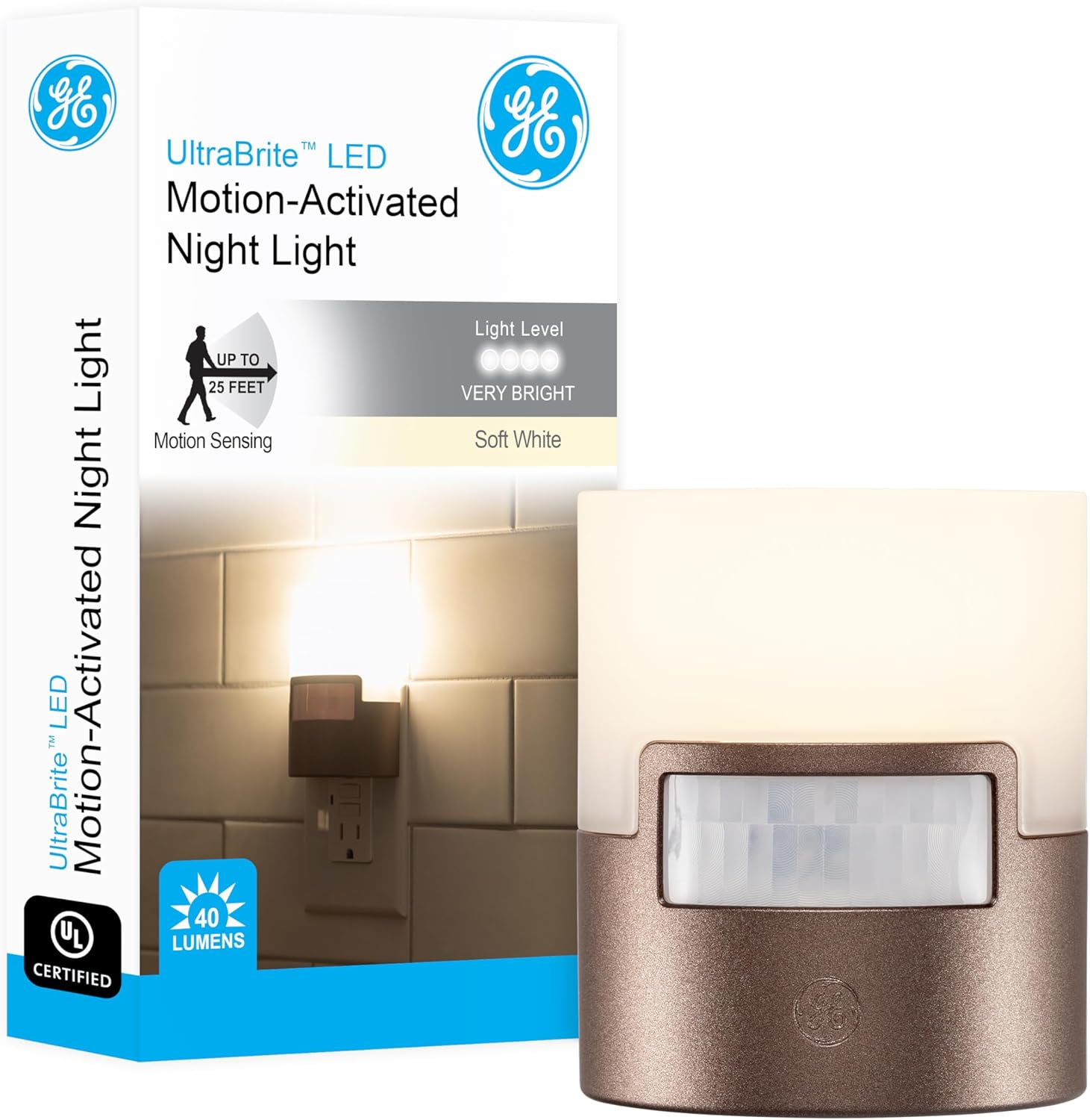 GE LED Motion Sensor Night Light, Plug into wall, 40 Lumens, Soft White, UL Certified, Energy Efficient, Ideal Nightlight for Bedroom, Bathroom, Kitchen, Hallway, 26140, Bronze, 1 Pack