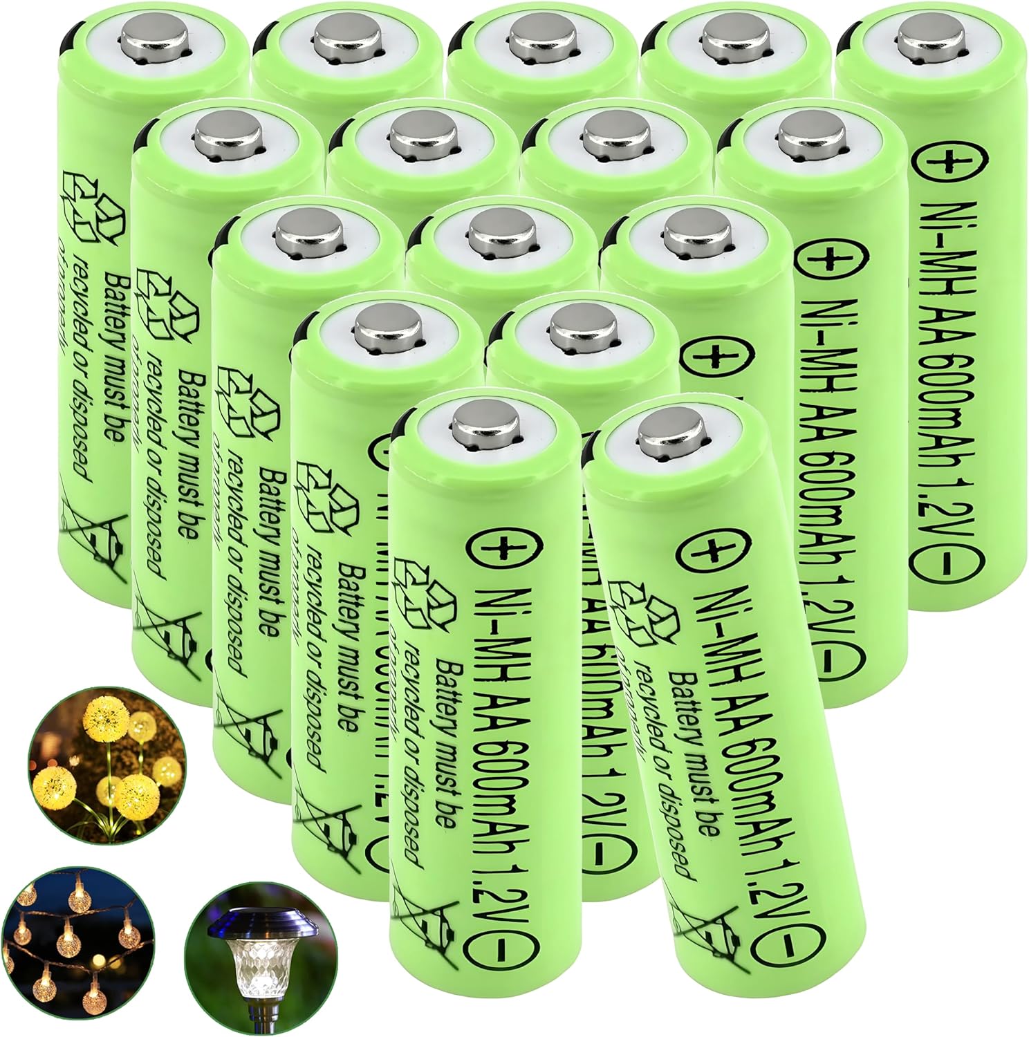 16 Packs 1.2v AA 600mAh Ni-MH Rechargeable Batteries Solar Powered Double aa Battery for Outdoor Solar Lights, Toys, Cameras, Reusable Batteries, Long Lasting Power Solutions