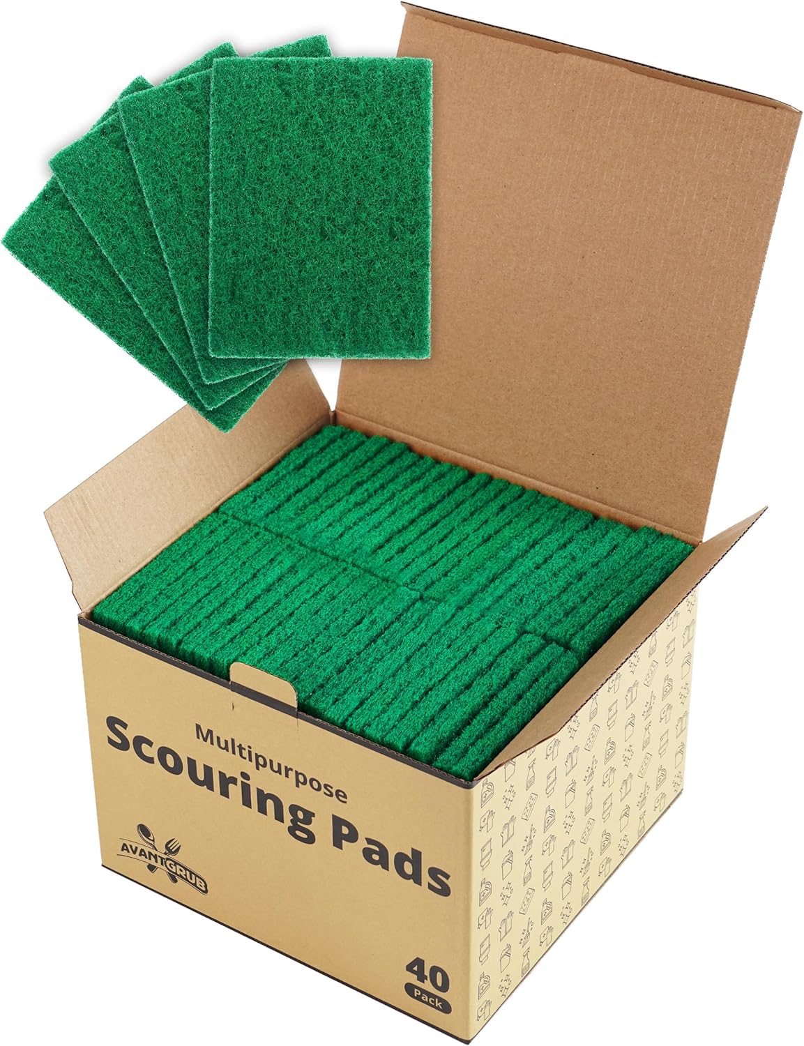 Green Sustainable 40 Pack Cleaning Scour Pads by Avant Grub. Powerful Stain Remover for Cookware. Easily Remove Grease and Residues. Eco-Friendly Solution for Kitchen Cleaning.
