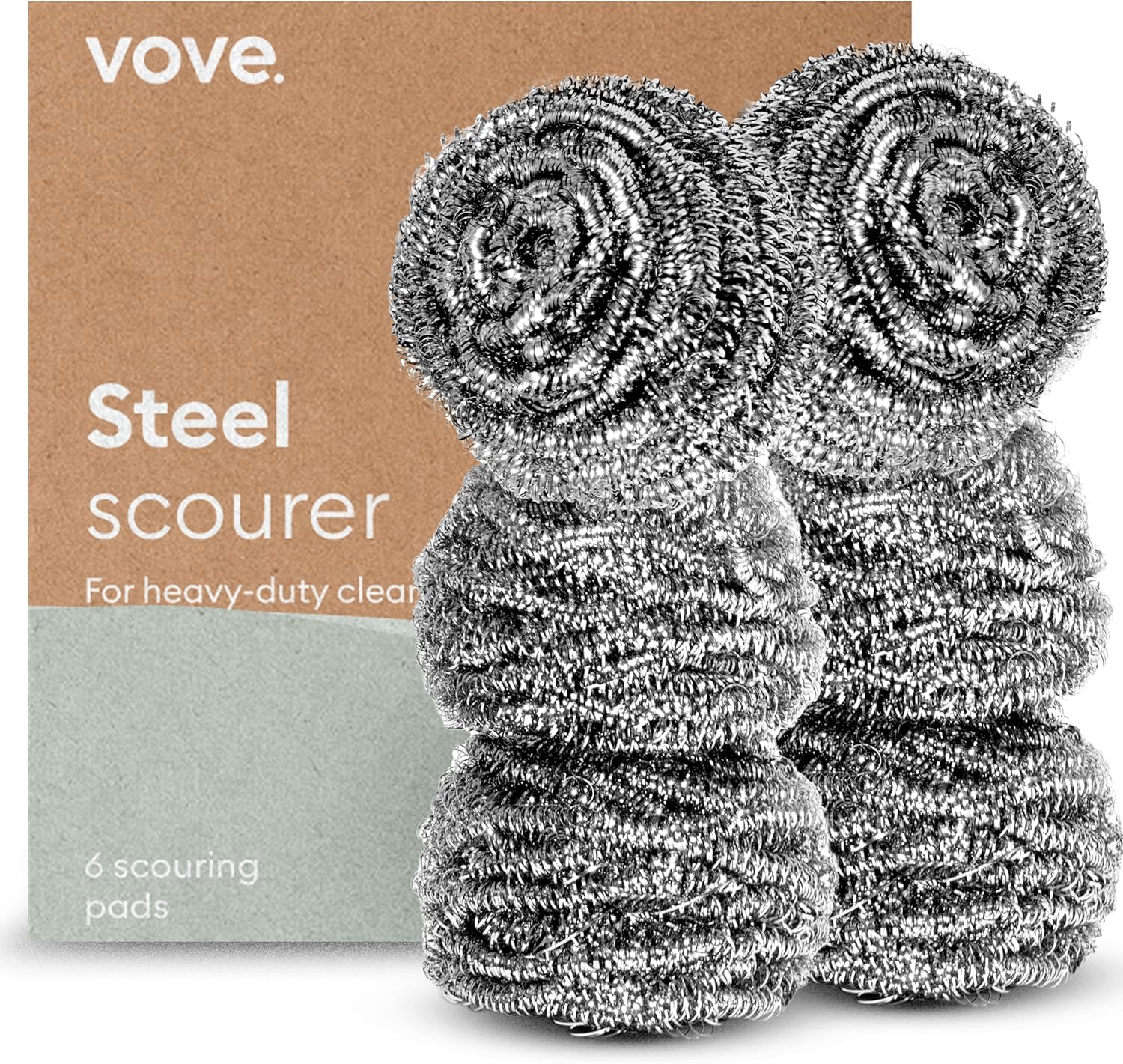 Premium Steel Wool Scourer Refill Pads 6-Pack - Heavy Duty Recyclable Steel Wool Scrubbers for Kitchen Cleaning - Stainless Steel Scourers Compatible with Vove Magnetic Handle